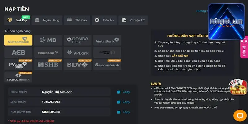 Nạp bong88 tiện lợi qua ngân hàng